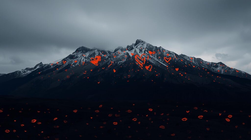 A Dark Mountain Range With Hearts For Snow And Kisses On The Ground The Skyline Must Take Up 50 Of The Screen The Hearts Must Be Orange 1 1024x573