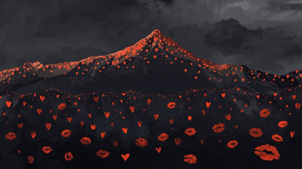 A Dark Mountain Range With Hearts For Snow And Kisses On The Ground The Skyline Must Take Up 50 Of The Screen The Hearts Must Be Orange 1024x573