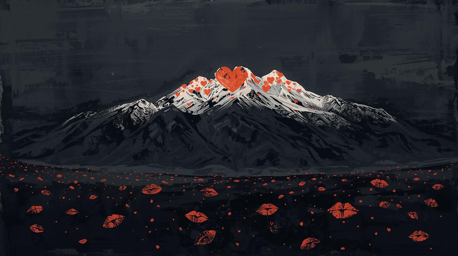 A Dark Mountain Range With Hearts For Snow And Kisses On The Ground The Skyline Must Take Up 50 Of The Screen The Hearts Must Be Orange 2
