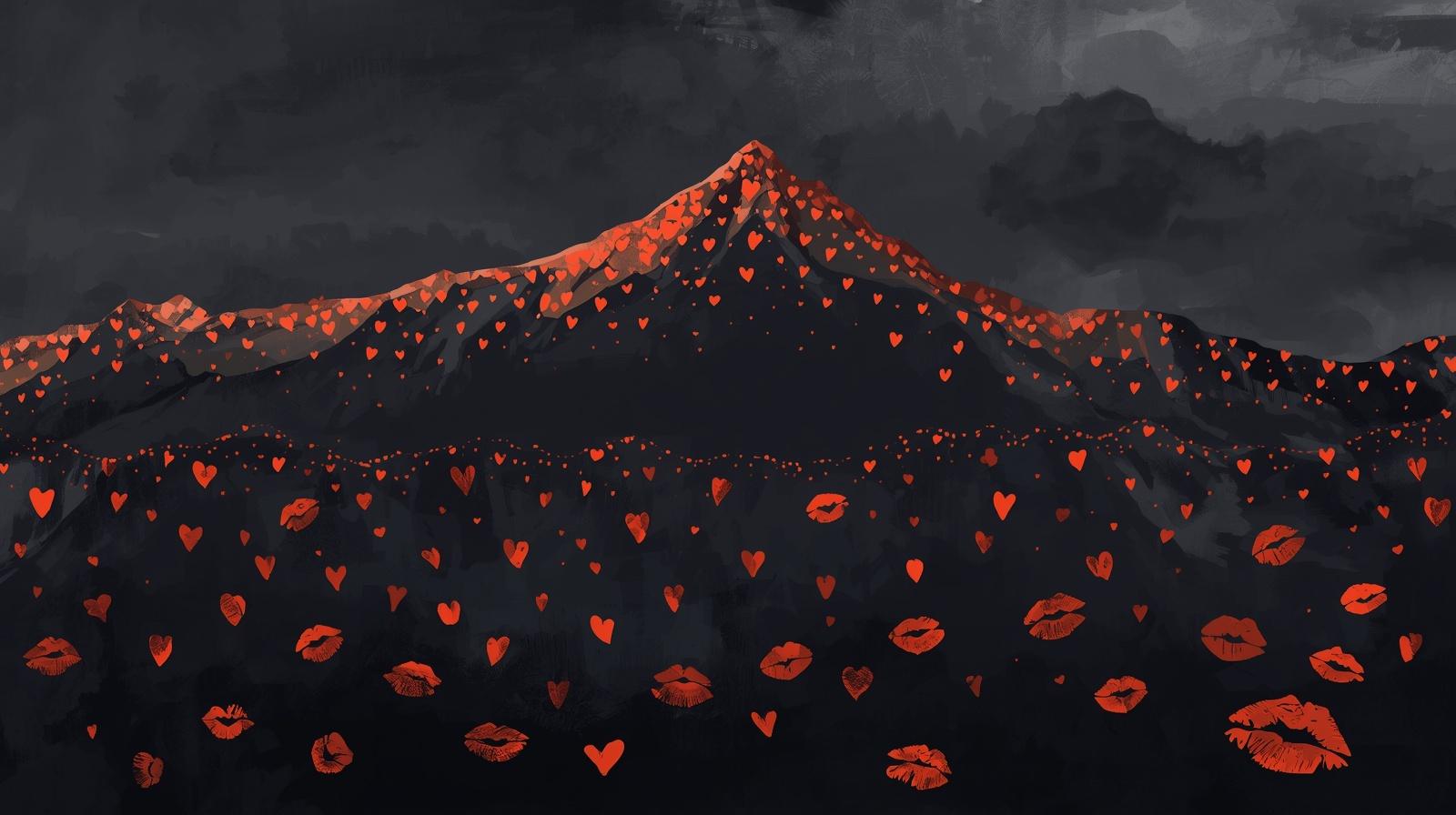 A Dark Mountain Range With Hearts For Snow And Kisses On The Ground The Skyline Must Take Up 50 Of The Screen The Hearts Must Be Orange